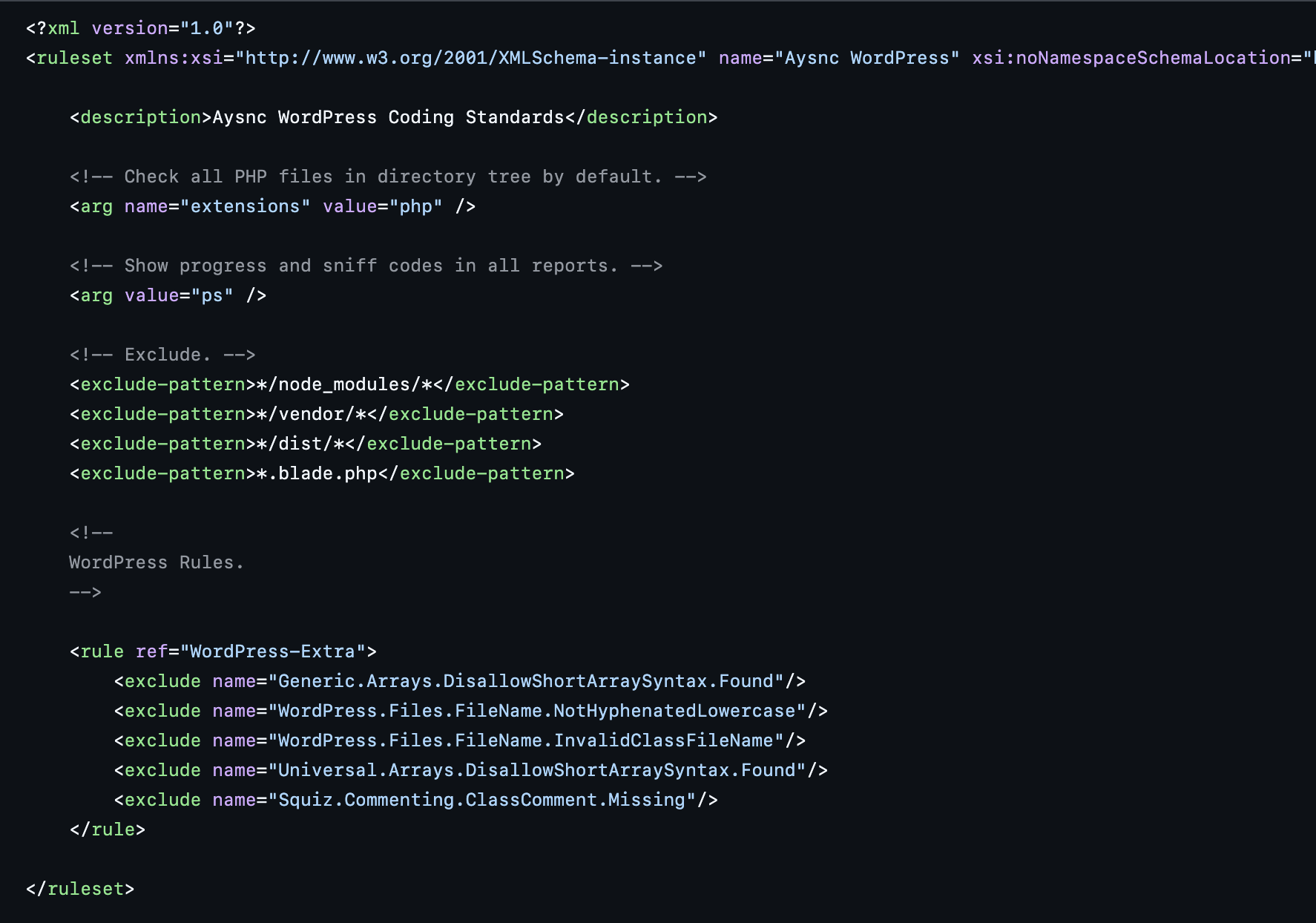 A view of the XML configuration file for the Aysnc WordPress coding standards, highlighting the specific rules being excluded to allow for autoloading and short array syntax.